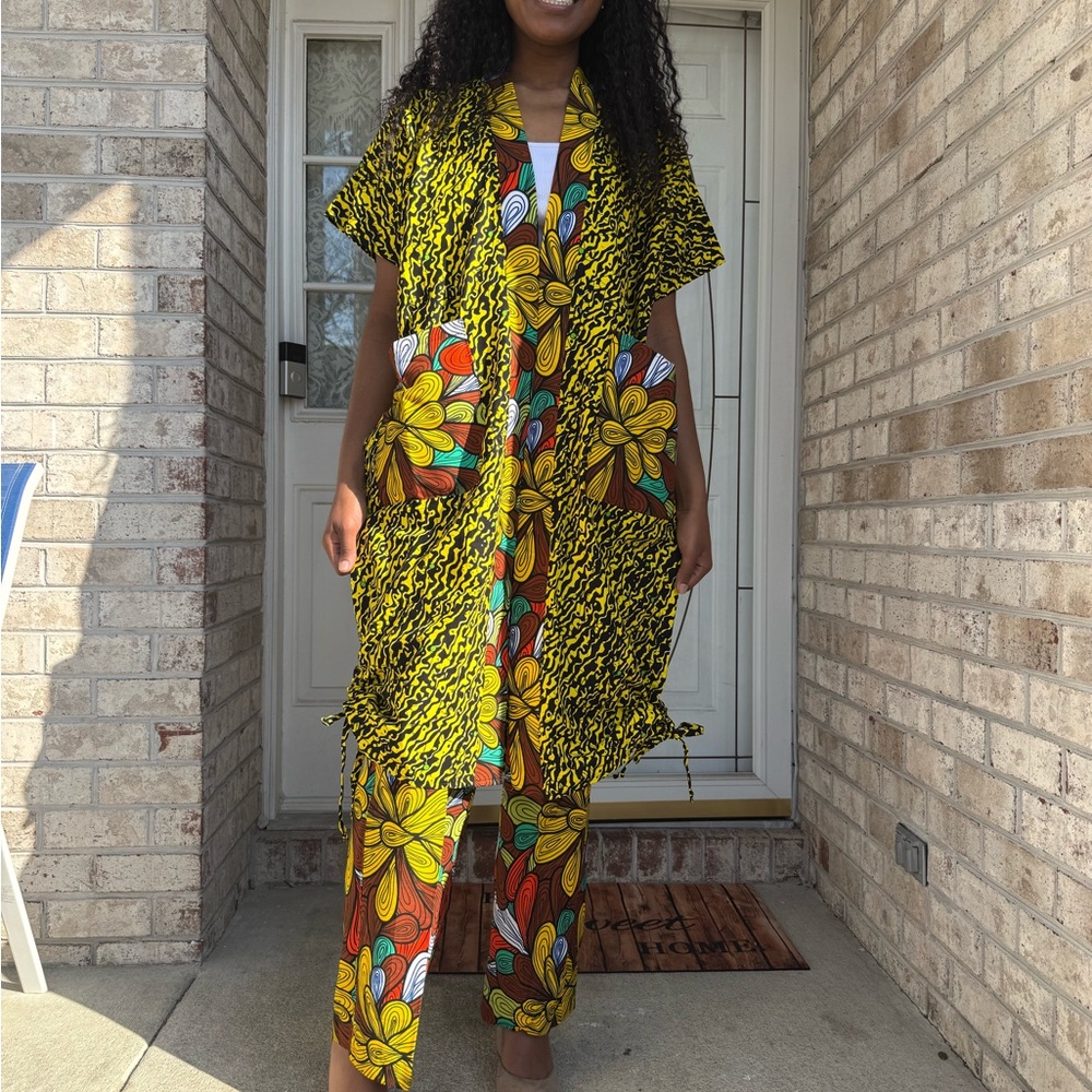 Modern African Ankara Wax Print  Tie side kimono 2p Women Pant Set